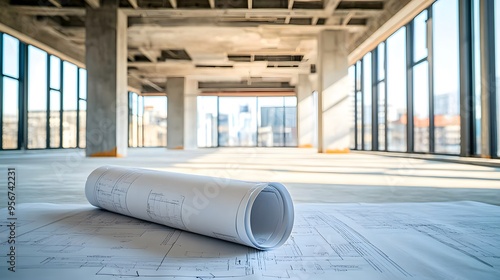 Professional blueprints in an empty office space, preparing for the buildout of their innovative startup headquarters photo