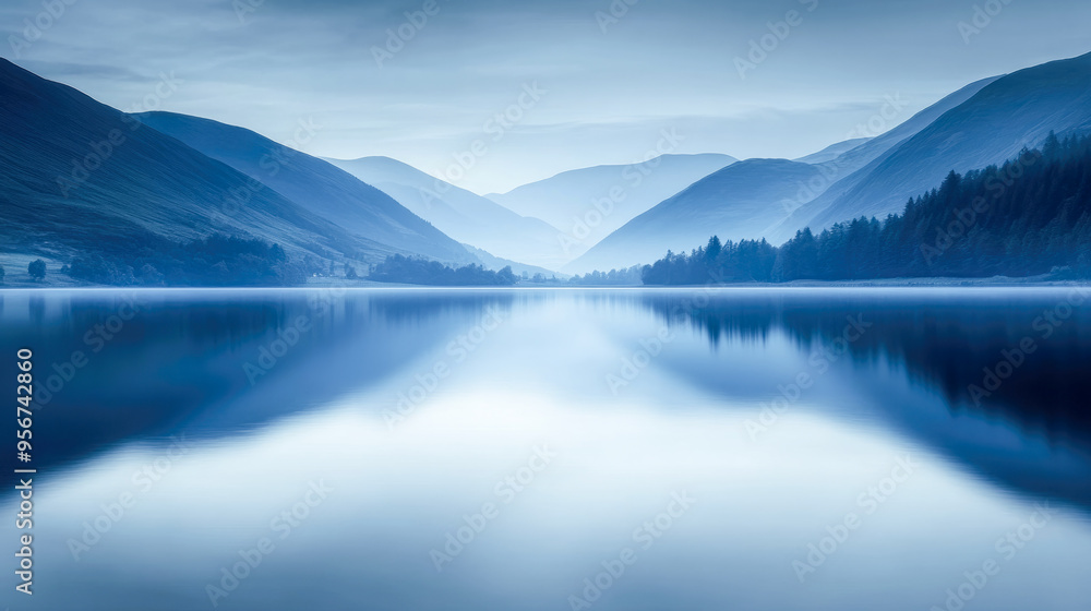 A serene blue lake surrounded by misty hills provides a peaceful and tranquil scene with a calming ambiance. A serene blue lake surrounded by misty hills provides a peaceful and tranquil scene with a calming ambiance.
