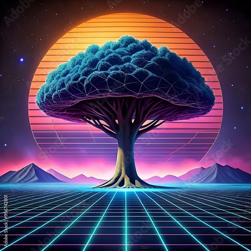 A futuristic 3D illustration of a tree silhouetted against a retro style sunset. photo