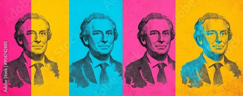 A vibrant, modern portrait featuring a stylized depiction of a distinguished figure in bold colors.