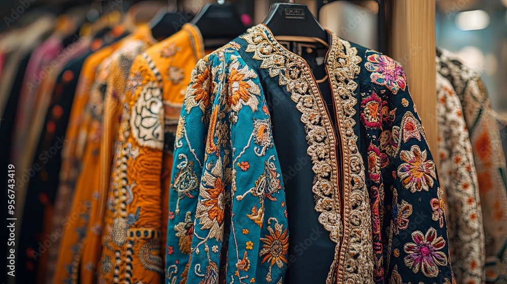 Embroidered Garments Hanging on a Rack Embroidered Garments Hanging on a Rack