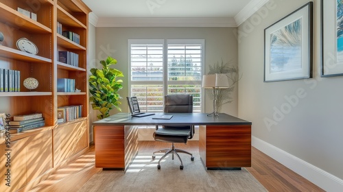 Stylish home office in a modern residence with a sleek desk, ergonomic chair, and built-in bookshelves, staged for real estate marketing