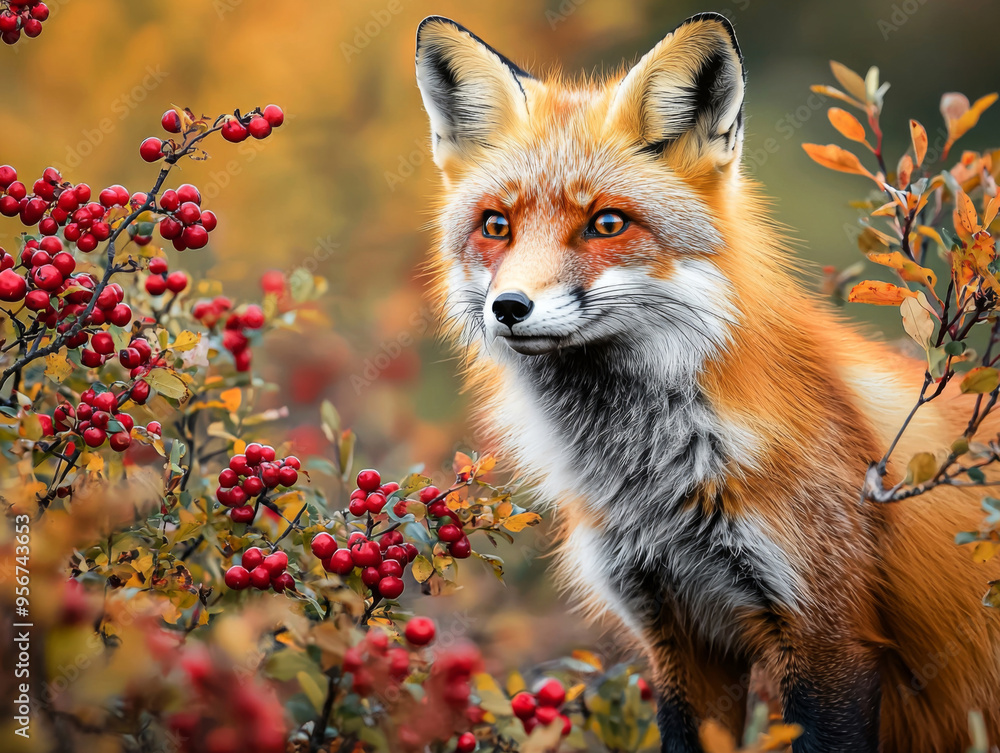 Fototapeta premium A fox is standing in a field of red berries