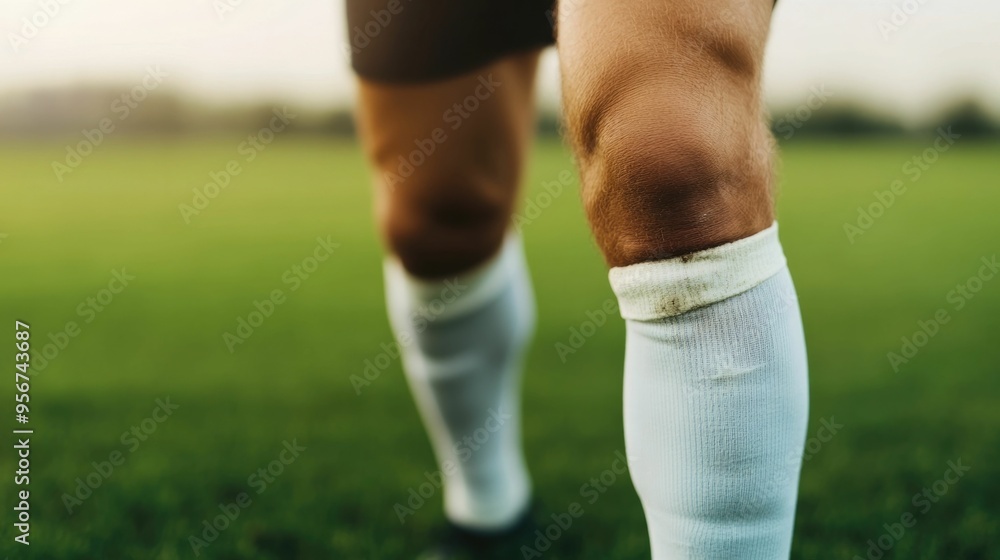 Obraz premium Soccer Player Clutching Their Knee in Pain After Sustaining a Sports Injury Accident on the Field During a Game or Match Ligament Damage and Trauma Concept