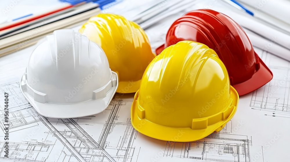 A collection of safety helmets in various colors placed on architectural blueprints, symbolizing construction and safety. A collection of safety helmets in various colors placed on architectural blueprints, symbolizing construction and safety.