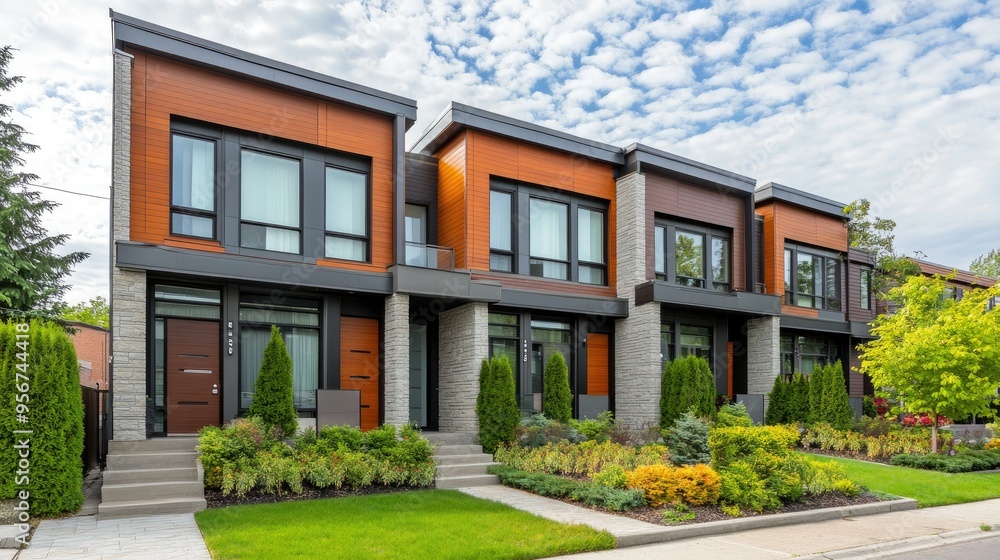 Obraz premium Stylish townhouse in a suburban neighborhood with a modern design, including a small front garden, large windows, and a chic, clean exterior