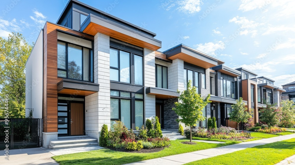 Stylish townhouse in a suburban neighborhood with a modern design, including a small front garden, large windows, and a chic, clean exterior Stylish townhouse in a suburban neighborhood with a modern design, including a small front garden, large windows, and a chic, clean exterior
