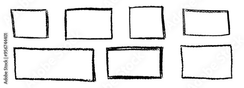 Set of wax pencil hand drawn frames. Collection of writing by children pastel rectangular and square geometric shapes. Black doodle style outline text boxes with grunge texture. Vector illustration