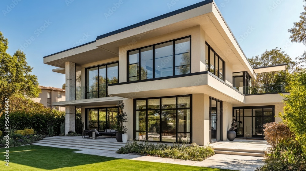Stylish villa with cream-colored walls and black glass windows, showcasing a modern architectural style with a spacious front porch and minimal landscaping Stylish villa with cream-colored walls and black glass windows, showcasing a modern architectural style with a spacious front porch and minimal landscaping