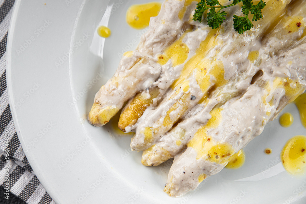white asparagus in cream sauce fresh meal food snack on the table copy space food background rustic top view white asparagus in cream sauce fresh meal food snack on the table copy space food background rustic top view
