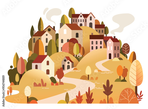 Postcard landscape illustration - small mediterranean town with hills and trees. Autumn season in town - golden trees and bushes. Flat design panorama