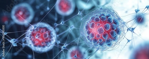 Artistic representation of cellular mitosis focusing on the nucleus and chromosomal movement, division process, educational biology