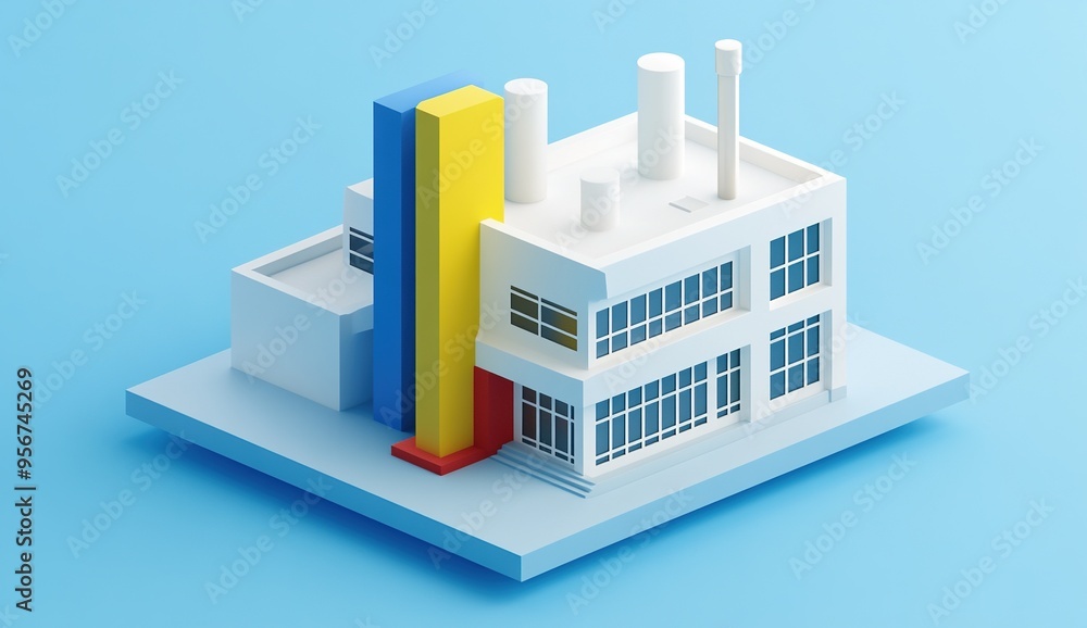 An isometric illustration of white buildings with blue, yellow, and red accents An isometric illustration of white buildings with blue, yellow, and red accents