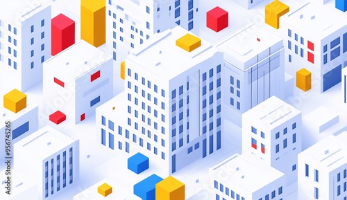 An isometric illustration of white buildings with blue, yellow, and red accents