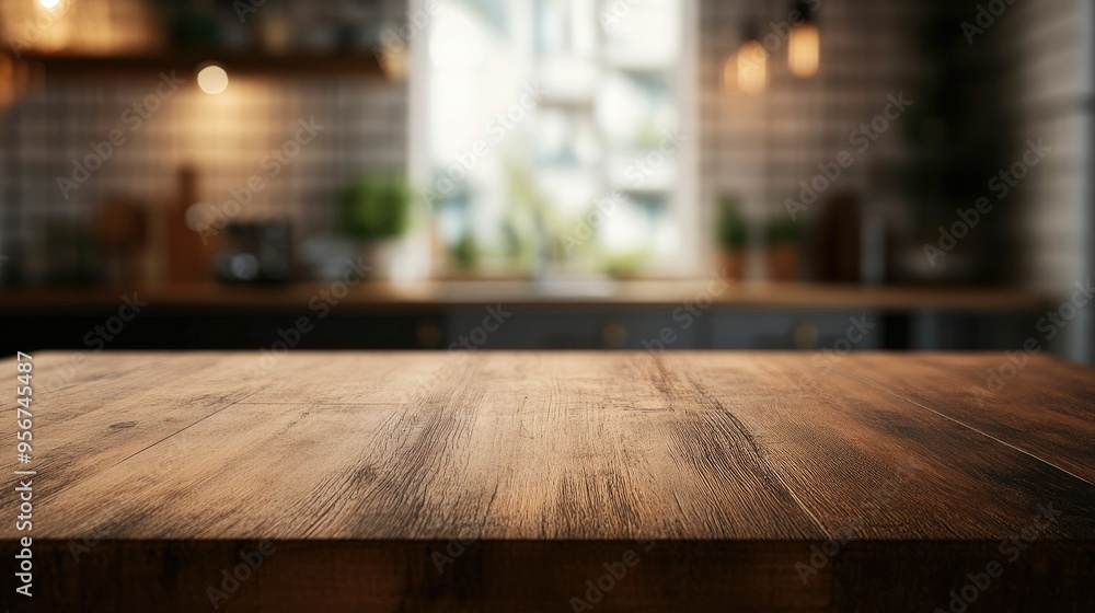 Wooden kitchen table on a blurred modern interior background with gentle bokeh. Perfect for dining setups, product display, or table banners. Wooden kitchen table on a blurred modern interior background with gentle bokeh. Perfect for dining setups, product display, or table banners.