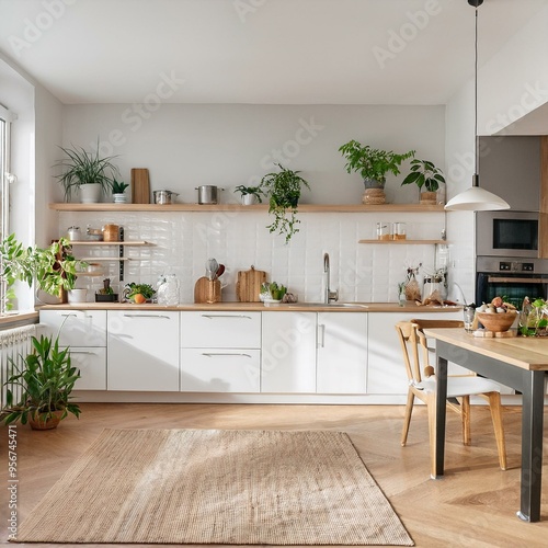 Interior of modern kitchen with refrigerator