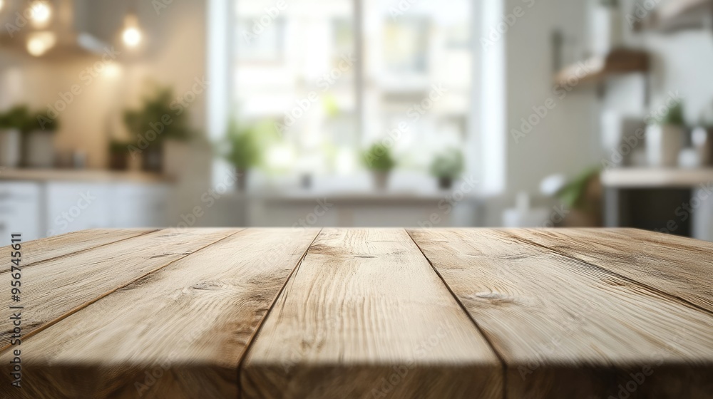 Wooden kitchen table surface in a bright, clean home interior with bokeh lighting. Perfect for product display, dining setups, or as a background for food photography. Wooden kitchen table surface in a bright, clean home interior with bokeh lighting. Perfect for product display, dining setups, or as a background for food photography.