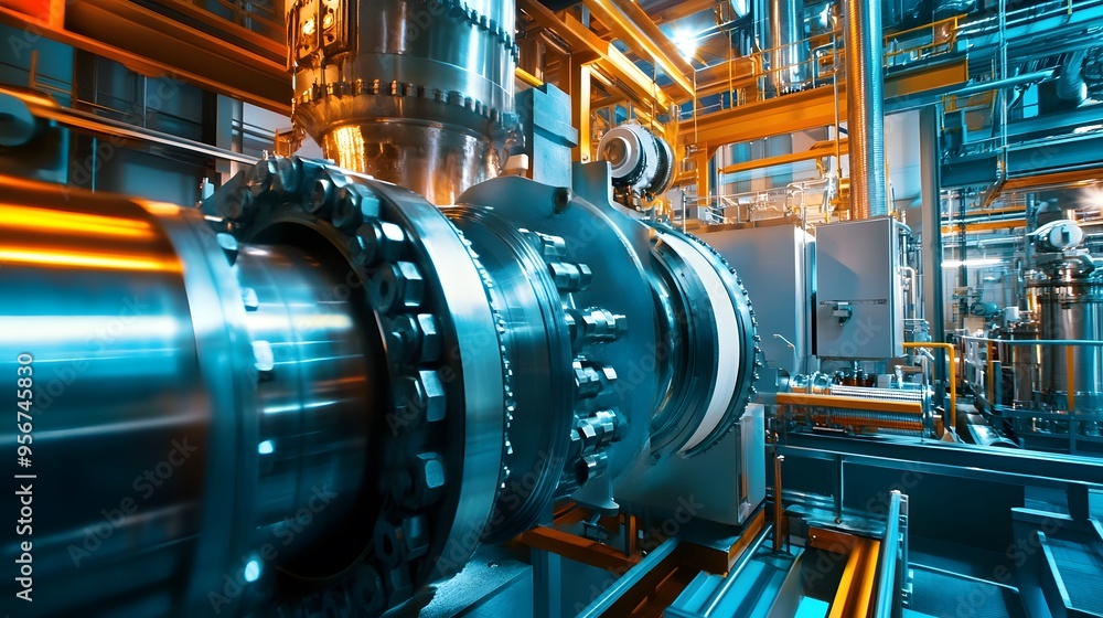 A factory with a blue and silver machine A factory with a blue and silver machine