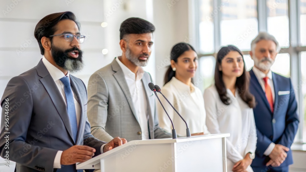 Indian Business Leaders at Seminar - A group of Indian business leaders speaking at a podium during a seminar.
Indian Business Leaders at Seminar - A group of Indian business leaders speaking at a podium during a seminar.