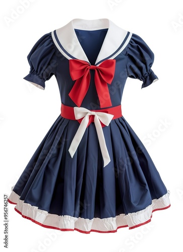 A cute and sailor-inspired costume for plus-size women, featuring a blue dress with red accents, a white collar, and a knee-length skirt. The image shows a full-body shot against a white background. photo