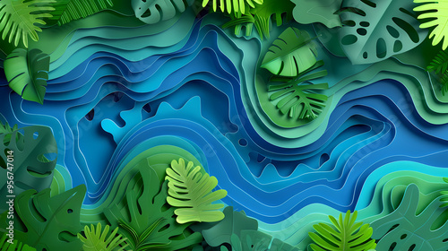 real sky blue River in Shape intestines in Green Jungle Forest top view in paper cut style