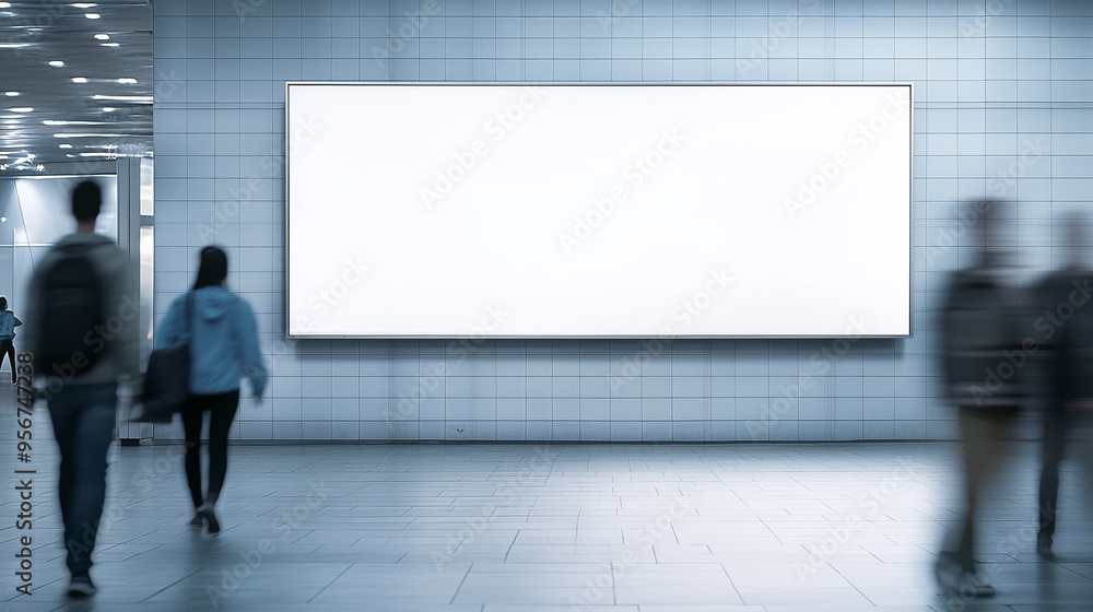 Modern Simplicity: Empty White Billboard with People Passing By in a Contemporary Space Modern Simplicity: Empty White Billboard with People Passing By in a Contemporary Space