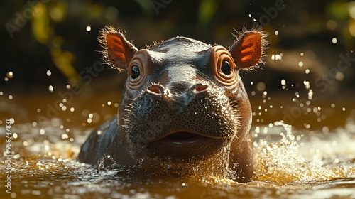 Hippopotamus Emerging from Water with Splashing