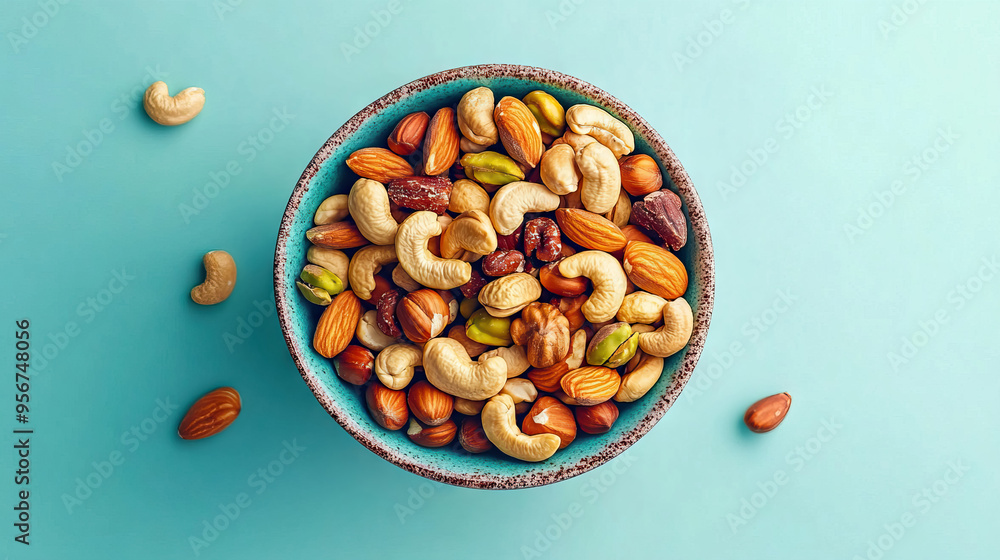 mixed nuts in bowl. Mix of various nuts on light blue background. pistachios, cashews, walnuts, hazelnuts, peanuts and brazil nuts. mixed nuts in bowl. Mix of various nuts on light blue background. pistachios, cashews, walnuts, hazelnuts, peanuts and brazil nuts.