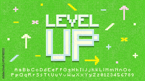 Game. Level Up. Screen. Pixel video game achievement, pixels 8 bit games and gaming level progress. Arcade games achievements or pixelate gaming trophy. Vector illustration easy editable.