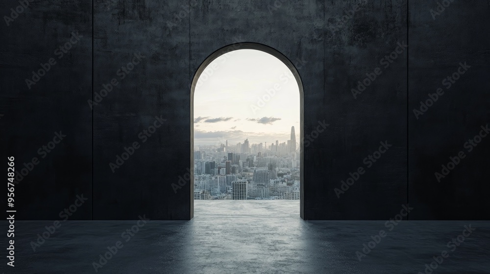Fototapeta premium White keyhole opening with city view in wide black concrete wall with mock up place. Future, way and ambition concept. 3D Rendering