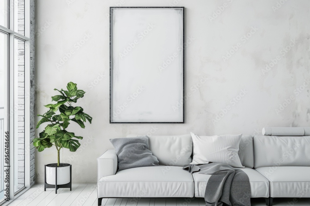 Fototapeta premium Minimalistic Home Interior Design with Copy Space. Modern Living Room with White Walls and Watercolor Illustration