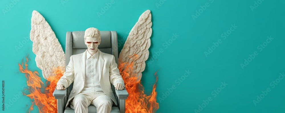 A striking figure with angel wings, sitting in flames against a vibrant teal backdrop, symbolizing power and transformation.