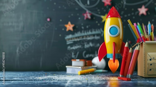 Back to school theme with a rocket with school supplies. school. Ultra realistic. Photorealistic