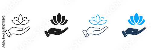 Lotus and Human Hand Line and Silhouette Icon Set. Meditation Pictogram. Yoga and SPA Symbol. Medical Beauty Clinic Sign. Hand Holding Flower. Editable Stroke. Isolated Vector Illustration