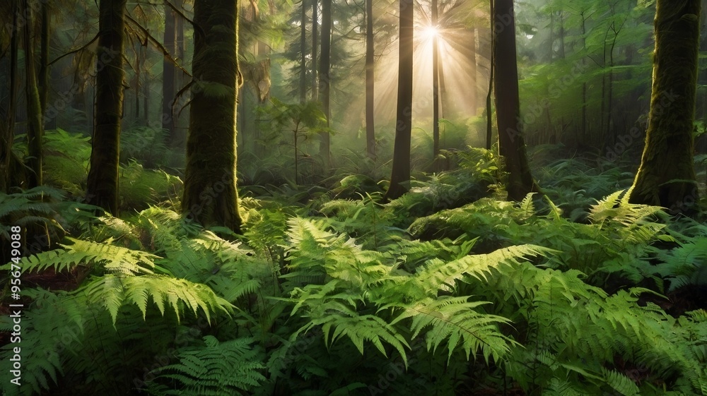 Fototapeta premium Sunrise View in Forest with Lush Trees and Ferns. Generative AI