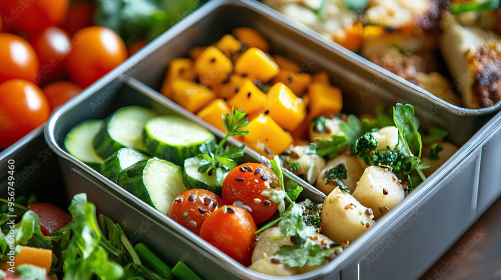 Nourishing Meals: close up lunchbox filled with daily meal diet plan. Nourishing Meals: close up lunchbox filled with daily meal diet plan.