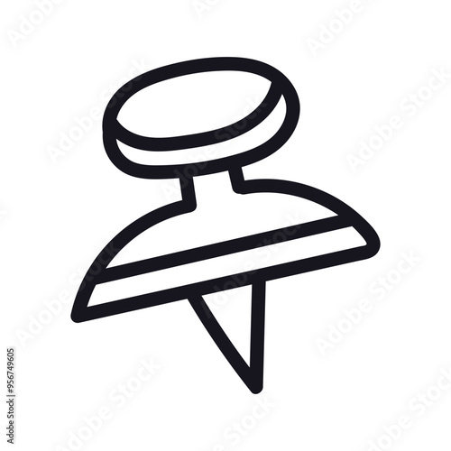 Cute doodle push pin with  top and needle. Thumbtack, pointer, fixation button head for attaching paper to notice and cork board. Hand drawn office and school stationery outline clipart.