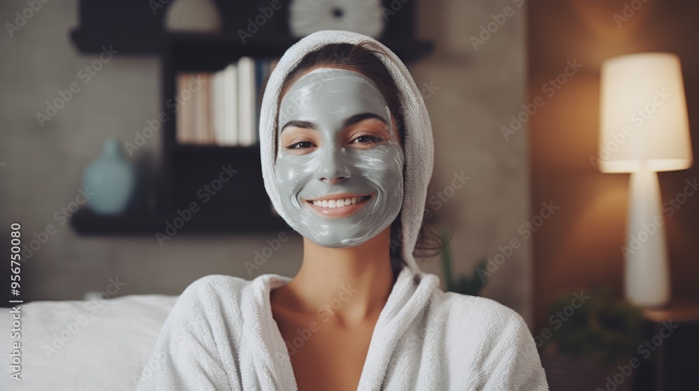 Woman with face mask on white background. Spa treatments. Neural network ai generated art Woman with face mask on white background. Spa treatments. Neural network ai generated art