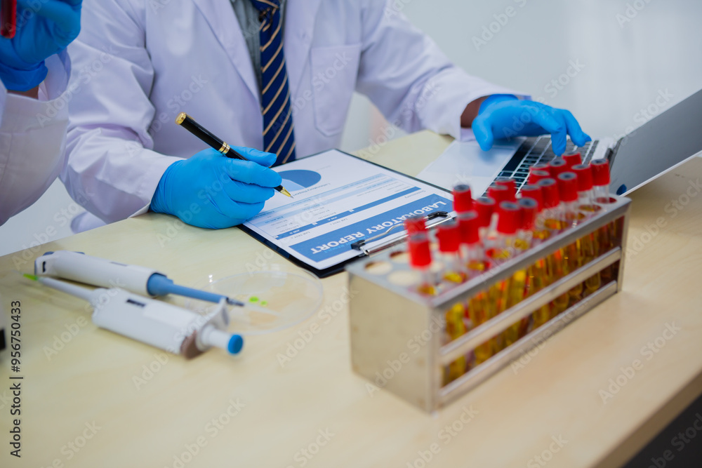 In this chemical experiment, two researchers collaborate to mix reactants, carefully observe changes such as color shifts or gas production, and analyze results, demonstrating principles of chemistry In this chemical experiment, two researchers collaborate to mix reactants, carefully observe changes such as color shifts or gas production, and analyze results, demonstrating principles of chemistry