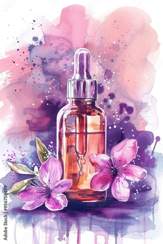 Natural Beauty Serum for Skin Care in Hand-drawn Watercolor Illustration Natural Beauty Serum for Skin Care in Hand-drawn Watercolor Illustration