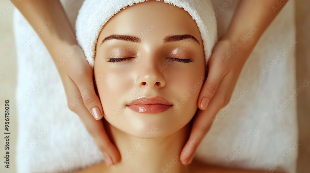 Relaxing spa treatment for a woman with a headband enjoying a facial massage in a serene setting