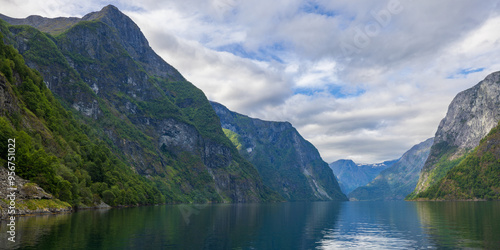 View of the mountains along the Nærøyfjord from the Flam boat cruise, Norway