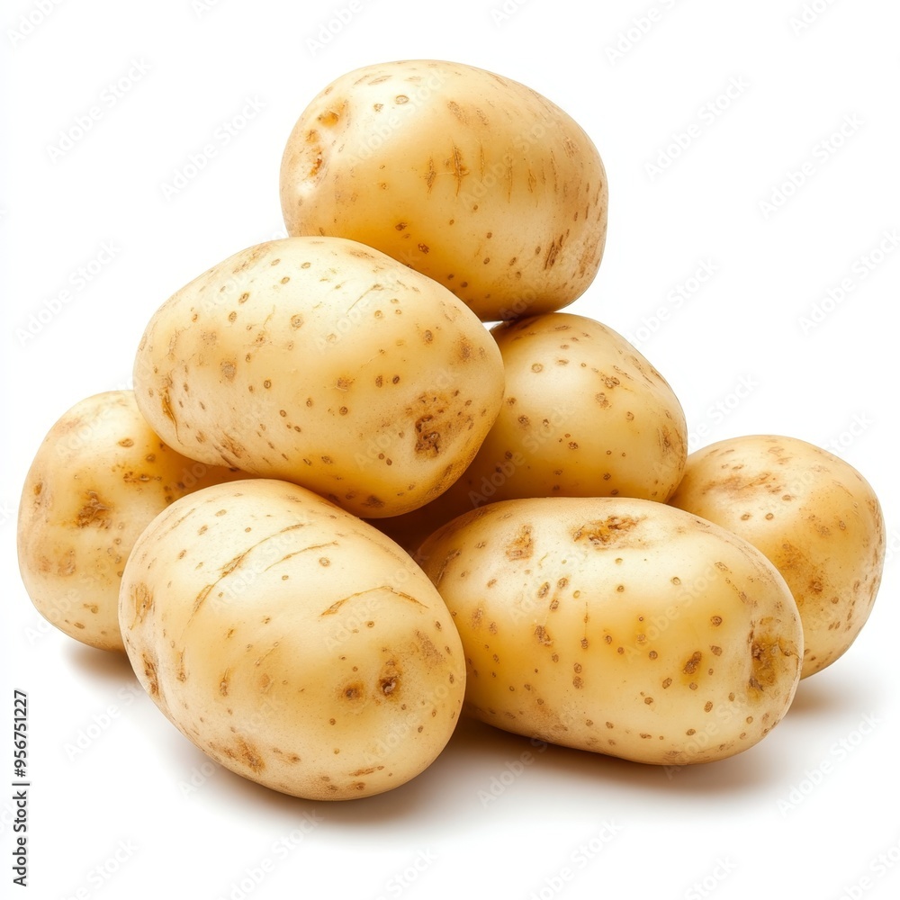 Fresh potatoes piled on a white background, highlighting their natural texture and color Fresh potatoes piled on a white background, highlighting their natural texture and color