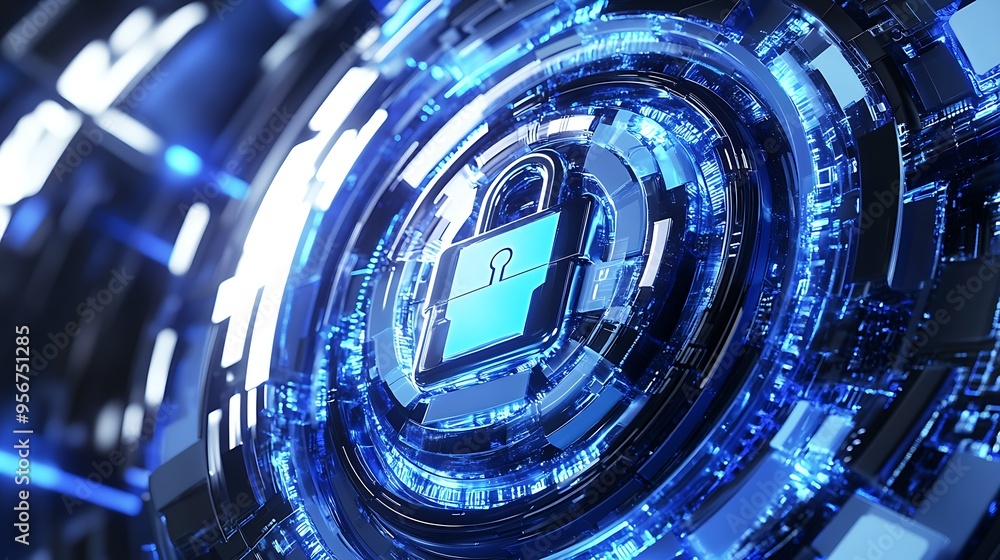 3D digital security lock icon with blue light, high-tech cyber background, close-up, futuristic design 3D digital security lock icon with blue light, high-tech cyber background, close-up, futuristic design