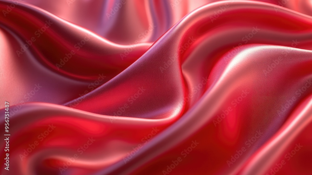 Fototapeta premium Light crimson fabric curves in a smooth, abstract flow, the glossy texture catching light. The image is softly focused, with space for text or design elements.