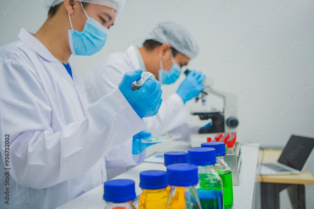 In this chemical experiment, two researchers collaborate to mix reactants, carefully observe changes such as color shifts or gas production, and analyze results, demonstrating principles of chemistry In this chemical experiment, two researchers collaborate to mix reactants, carefully observe changes such as color shifts or gas production, and analyze results, demonstrating principles of chemistry