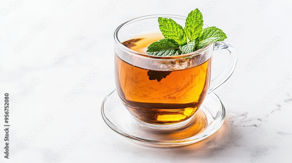 Freshly brewed herbal tea with a sprig of mint, a brain-boosting beverage, calming and healthy
Freshly brewed herbal tea with a sprig of mint, a brain-boosting beverage, calming and healthy