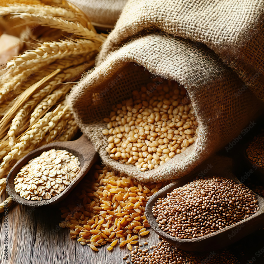 Fototapeta premium Grains include quinoa, millet, barley, and oats, emphasizing natural, healthy ingredients.