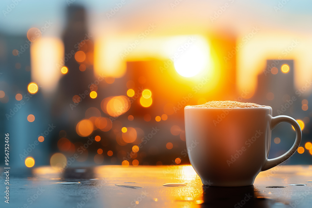 Obraz premium The sun rises behind a city skyline, casting warm hues. A steaming cup of coffee sits on a table, inviting the day with its rich aroma and warmth