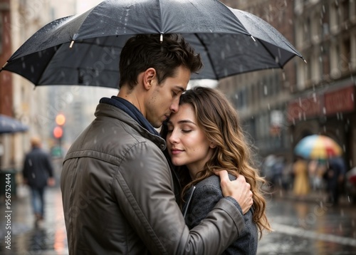 Couple in love embracing under an umbrella, enjoying a rainy day in the city